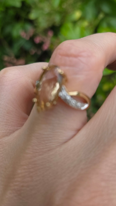 Vintage: 9ct Yellow Gold Pink Morganite & Diamond Cocktail Ring