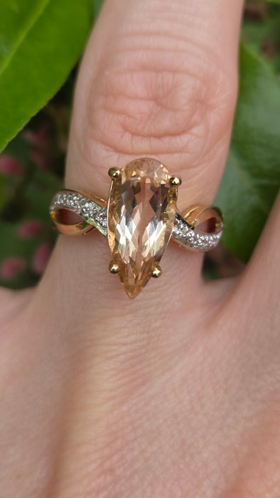 Vintage: 9ct Yellow Gold Pink Morganite & Diamond Cocktail Ring