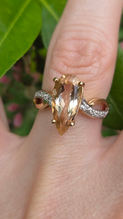 Vintage: 9ct Yellow Gold Pink Morganite & Diamond Cocktail Ring