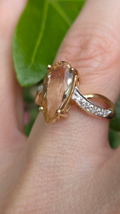 Vintage: 9ct Yellow Gold Pink Morganite & Diamond Cocktail Ring