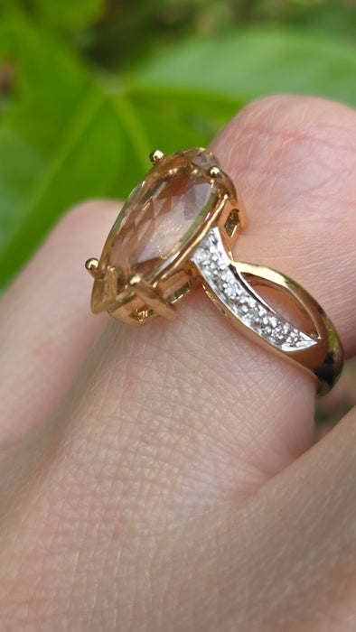 Vintage: 9ct Yellow Gold Pink Morganite & Diamond Cocktail Ring