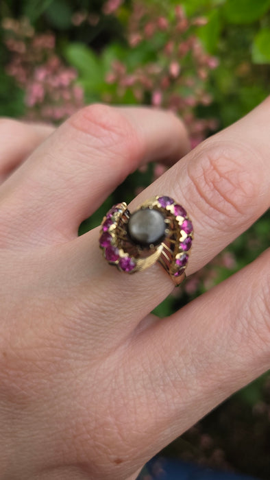Vintage: 18ct Yellow Gold Blue Sapphire & Red Topaz Swirl Cluster Ring