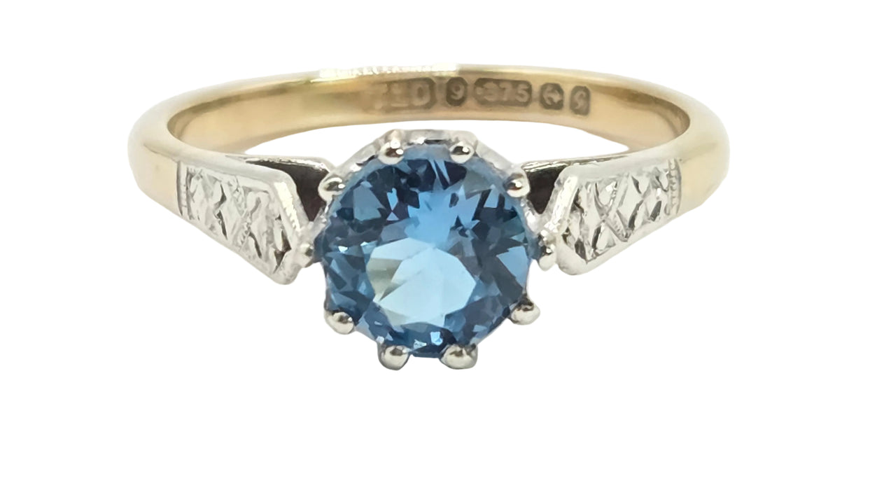 Vintage: 9ct Yellow Gold Blue Topaz Solitaire Ring — From 1956