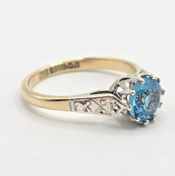 Vintage: 9ct Yellow Gold Blue Topaz Solitaire Ring — From 1956