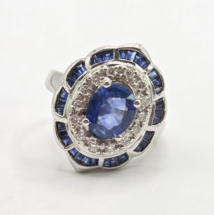 Vintage: 18ct White Gold Sapphire & Diamond Art Deco Cluster Cocktail Ring