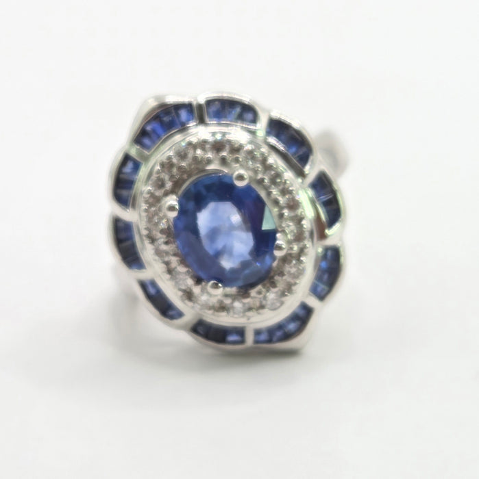 Vintage: 18ct White Gold Sapphire & Diamond Art Deco Cluster Cocktail Ring