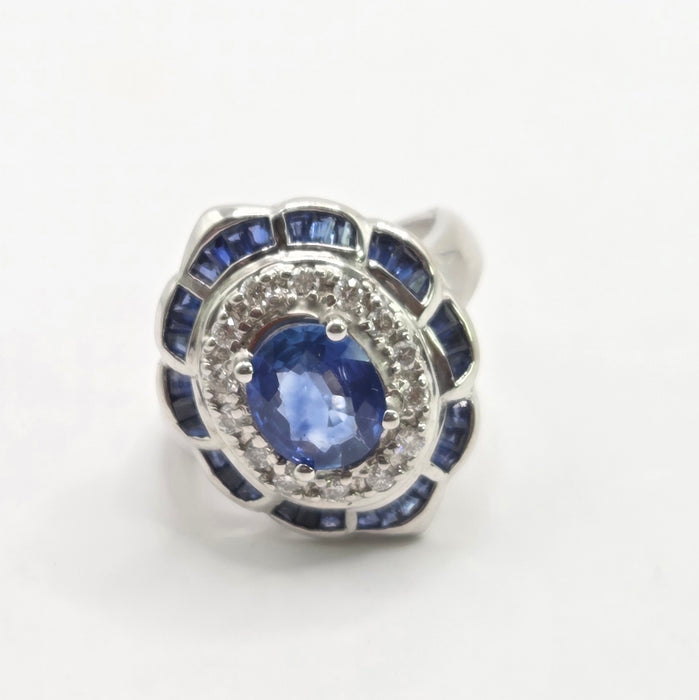 Vintage: 18ct White Gold Sapphire & Diamond Art Deco Cluster Cocktail Ring