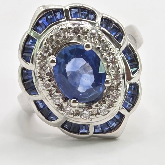 Vintage: 18ct White Gold Sapphire & Diamond Art Deco Cluster Cocktail Ring