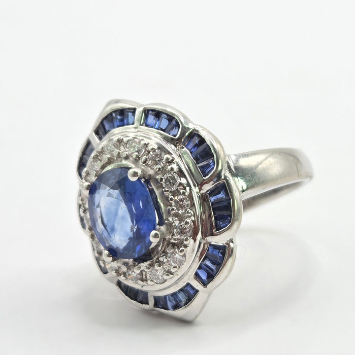 Vintage: 18ct White Gold Sapphire & Diamond Art Deco Cluster Cocktail Ring