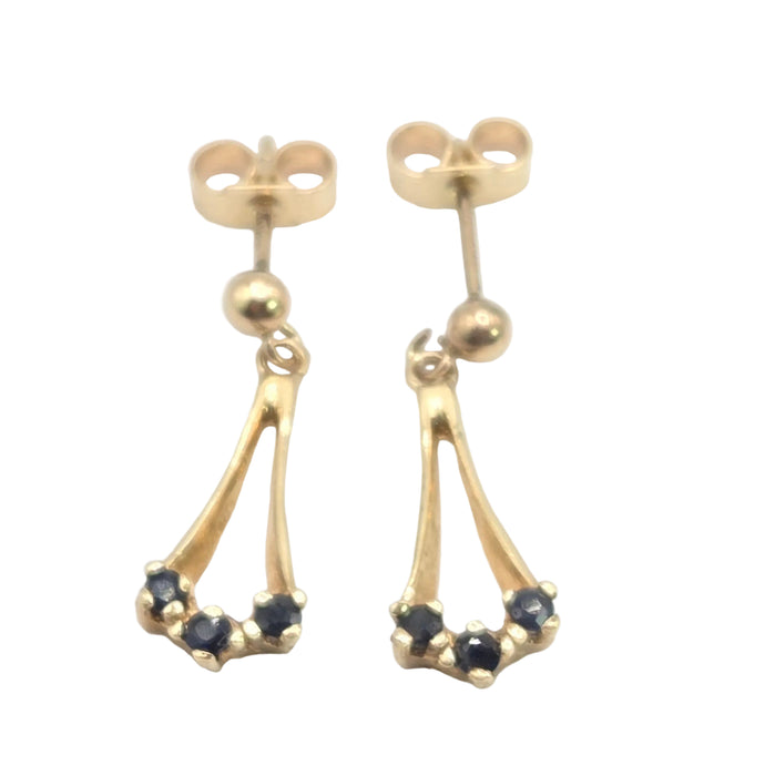 Vintage: 9ct Yellow Gold Blue Sapphire Drop Stud Earrings — From 1992