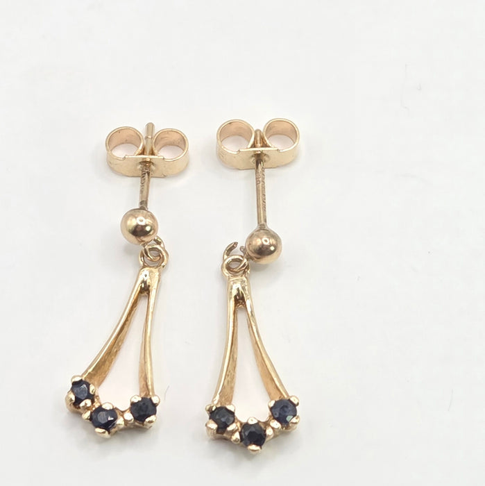 Vintage: 9ct Yellow Gold Blue Sapphire Drop Stud Earrings — From 1992