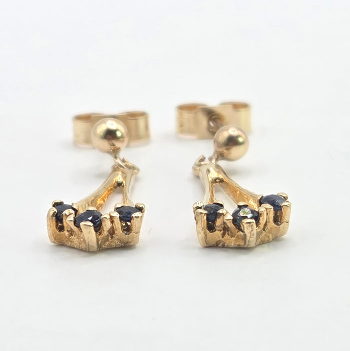 Vintage: 9ct Yellow Gold Blue Sapphire Drop Stud Earrings — From 1992