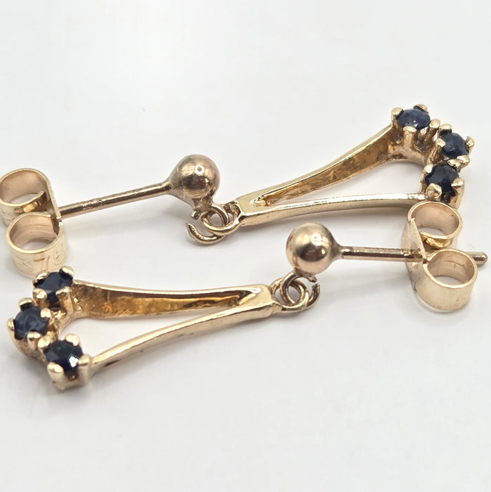 Vintage: 9ct Yellow Gold Blue Sapphire Drop Stud Earrings — From 1992