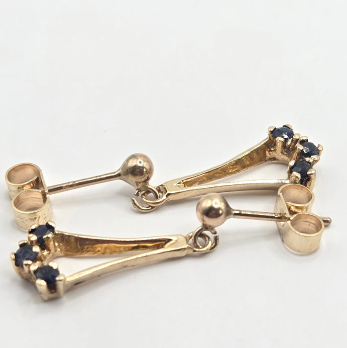 Vintage: 9ct Yellow Gold Blue Sapphire Drop Stud Earrings — From 1992