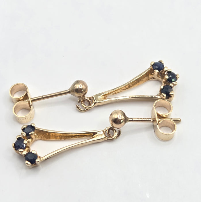 Vintage: 9ct Yellow Gold Blue Sapphire Drop Stud Earrings — From 1992