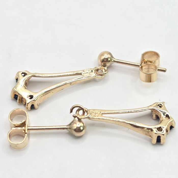 Vintage: 9ct Yellow Gold Blue Sapphire Drop Stud Earrings — From 1992