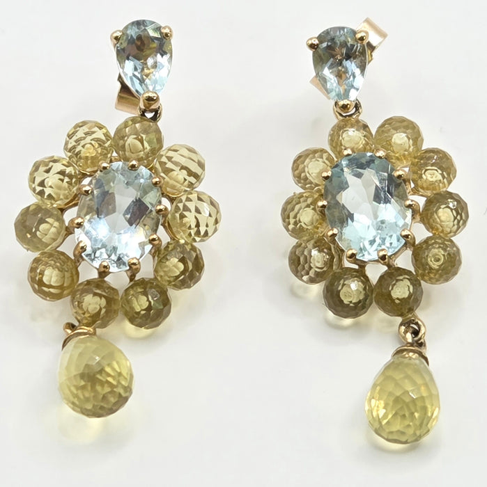 Vintage: 9ct Yellow Gold Aquamarine & Tourmaline Drop Stud Earrings