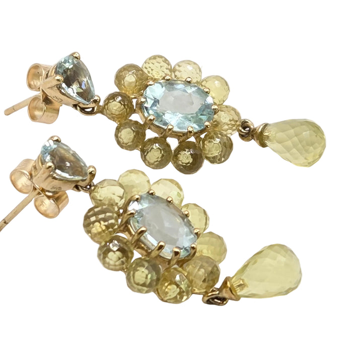 Vintage: 9ct Yellow Gold Aquamarine & Tourmaline Drop Stud Earrings