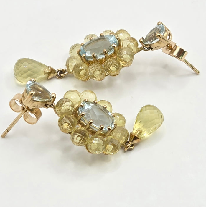 Vintage: 9ct Yellow Gold Aquamarine & Tourmaline Drop Stud Earrings