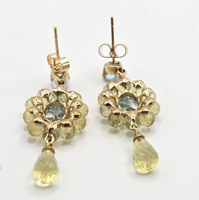 Vintage: 9ct Yellow Gold Aquamarine & Tourmaline Drop Stud Earrings