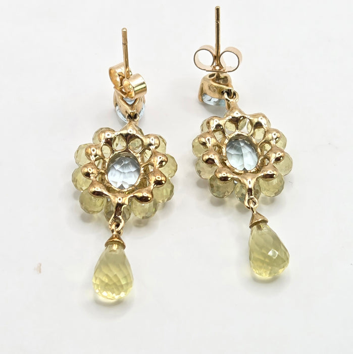 Vintage: 9ct Yellow Gold Aquamarine & Tourmaline Drop Stud Earrings