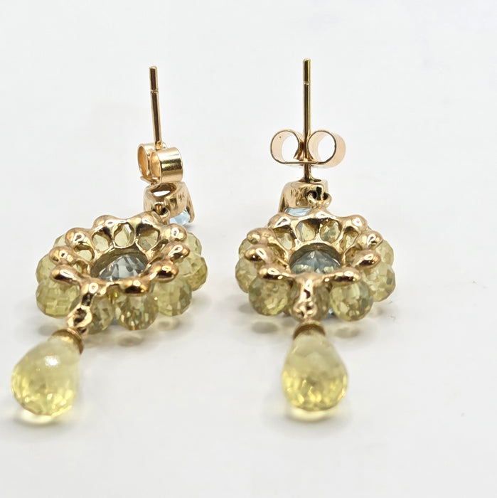 Vintage: 9ct Yellow Gold Aquamarine & Tourmaline Drop Stud Earrings