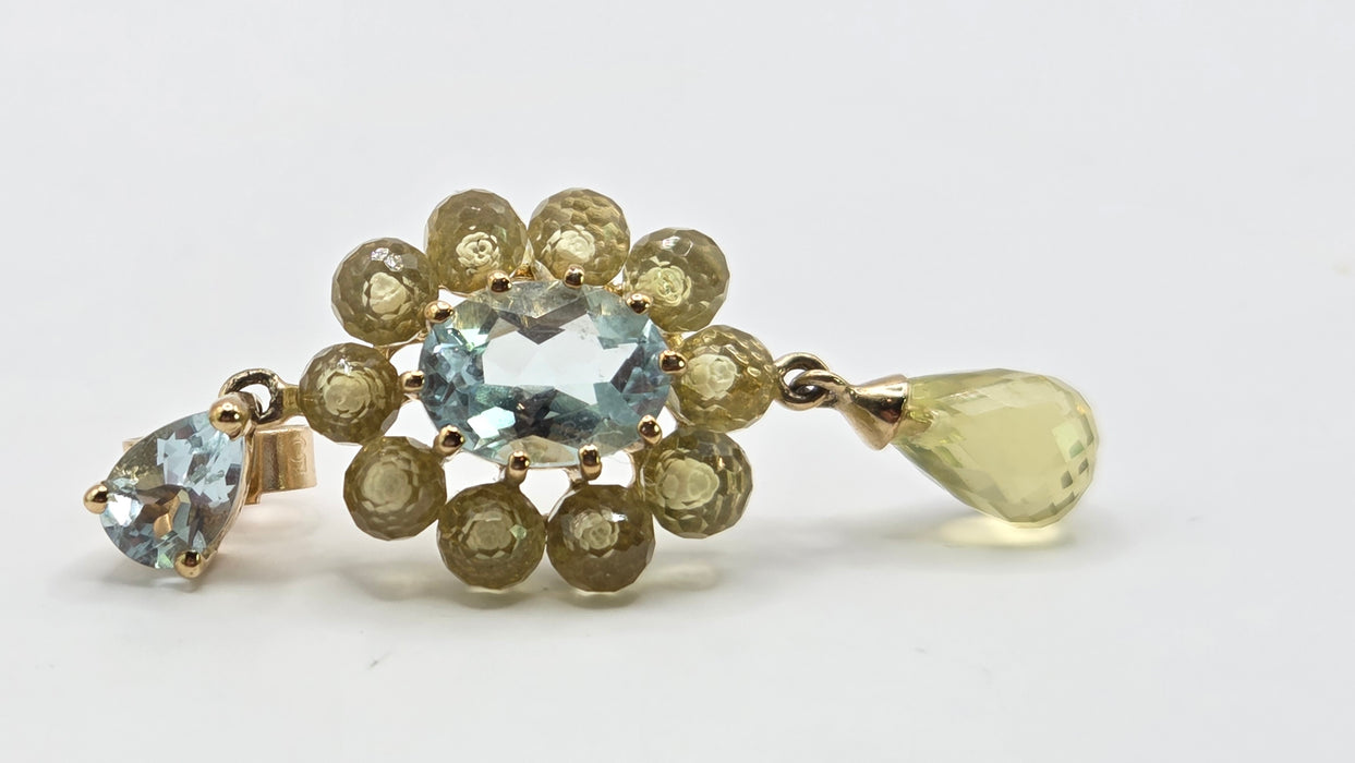 Vintage: 9ct Yellow Gold Aquamarine & Tourmaline Drop Stud Earrings