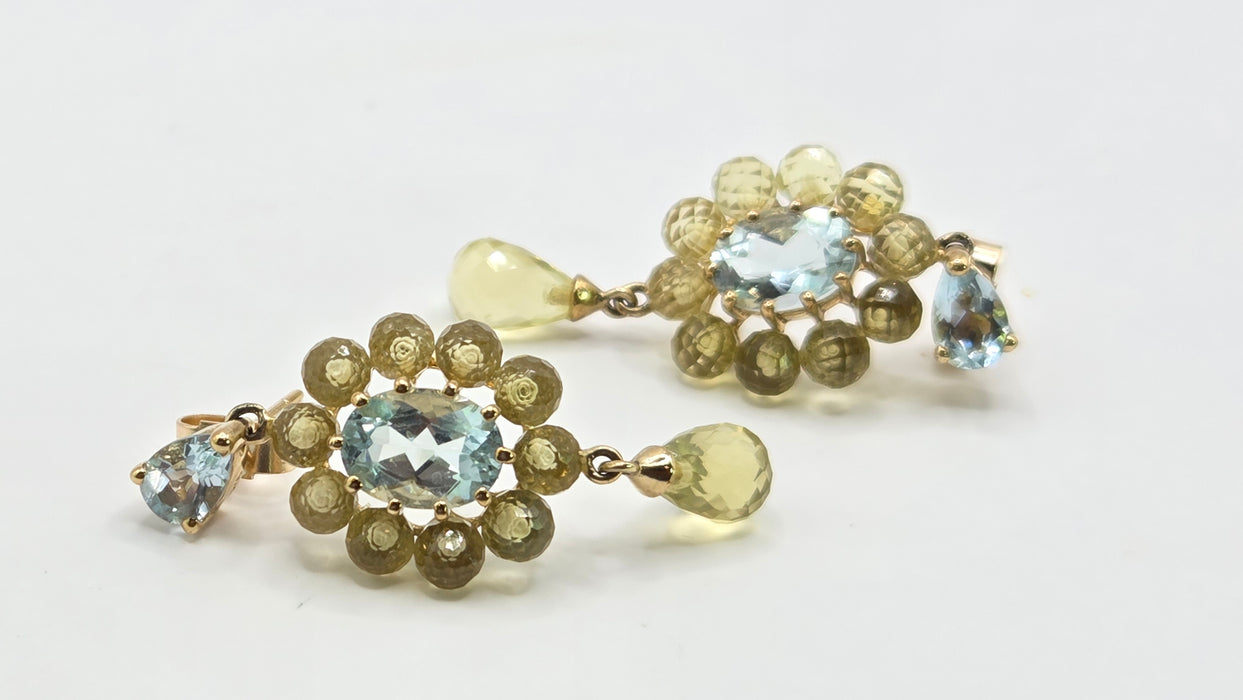 Vintage: 9ct Yellow Gold Aquamarine & Tourmaline Drop Stud Earrings