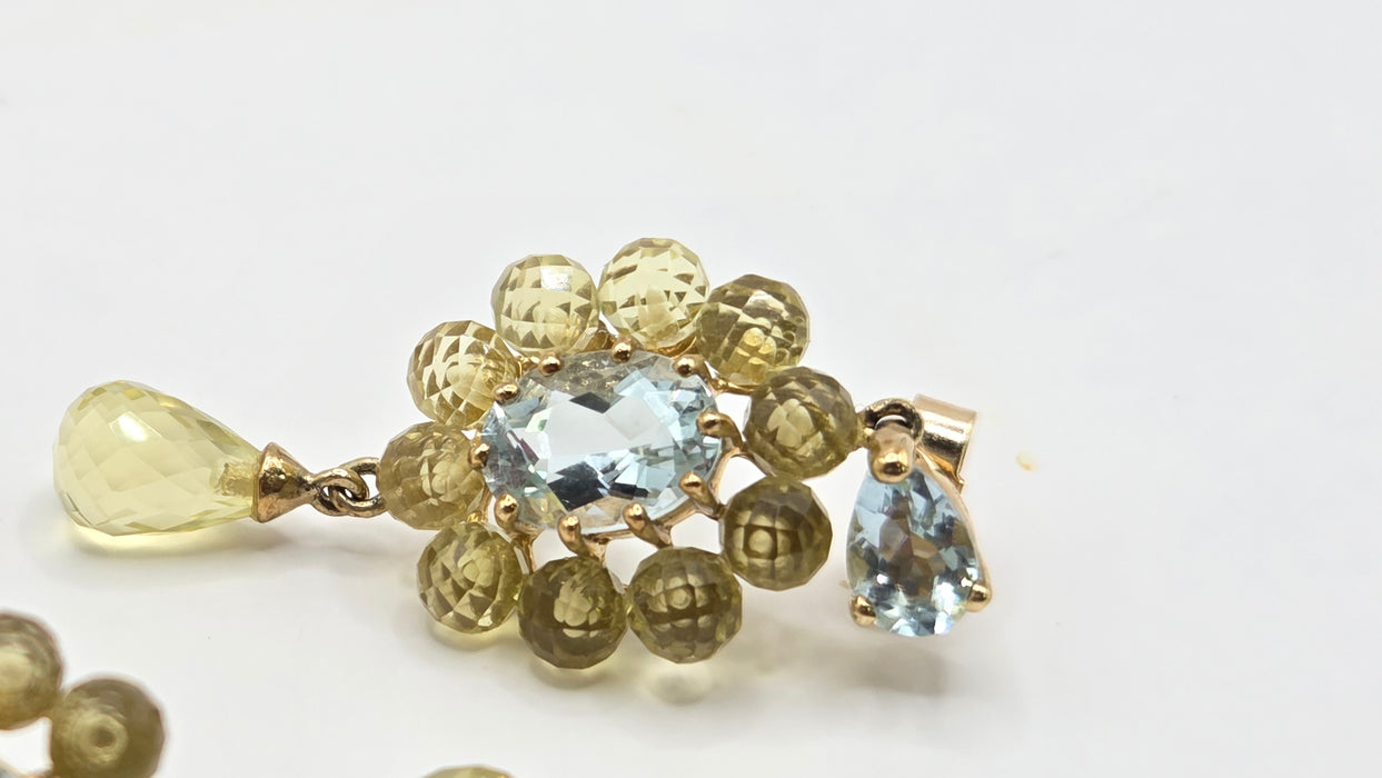 Vintage: 9ct Yellow Gold Aquamarine & Tourmaline Drop Stud Earrings