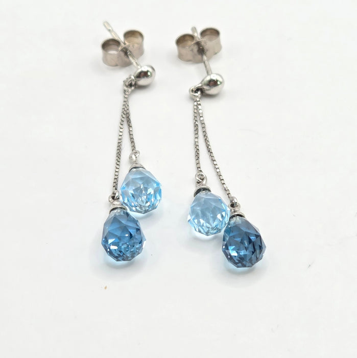 Vintage: 9ct White Gold Blue Topaz Bead & Briolette Drop Stud Earrings