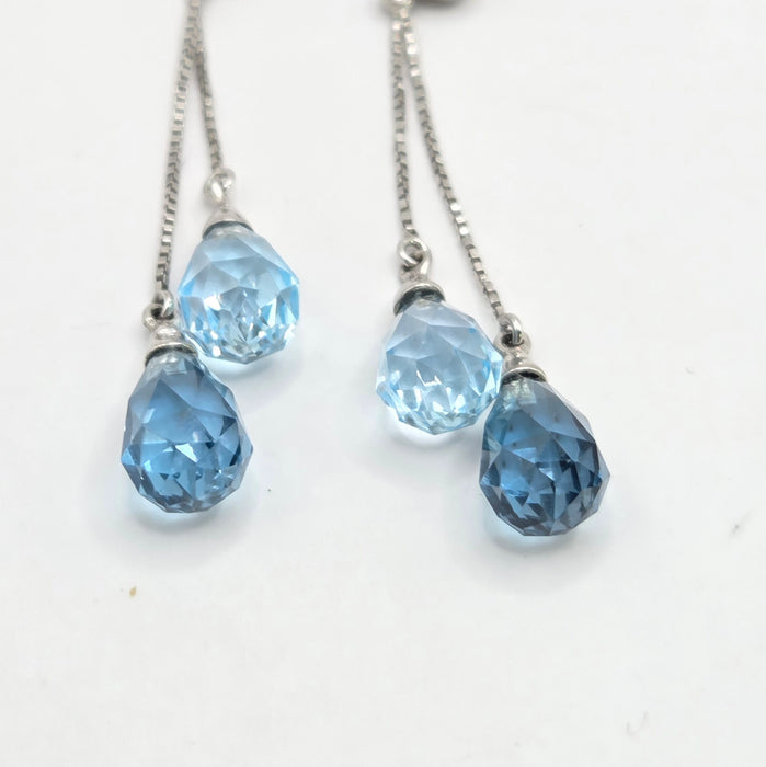Vintage: 9ct White Gold Blue Topaz Bead & Briolette Drop Stud Earrings