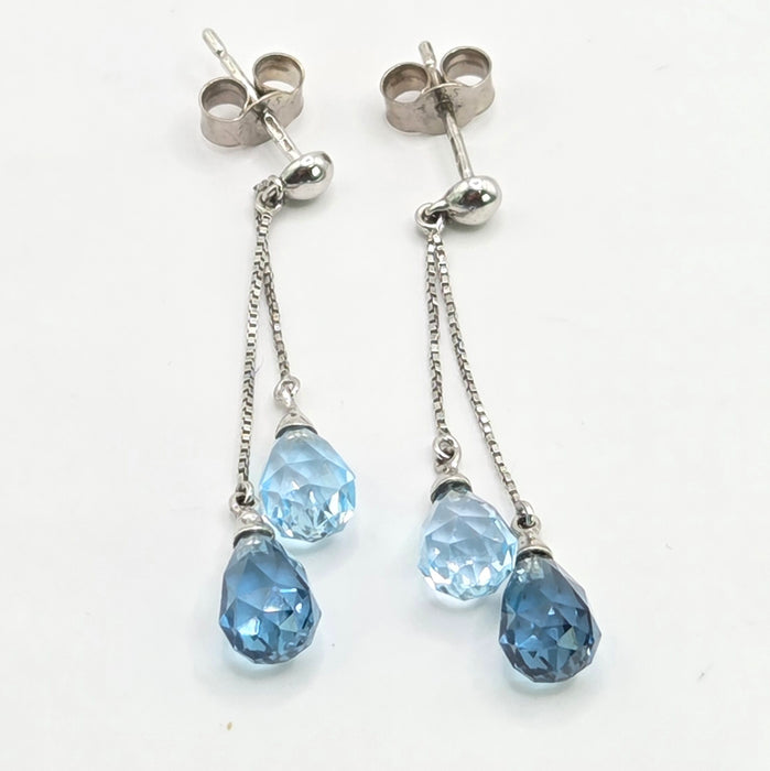 Vintage: 9ct White Gold Blue Topaz Bead & Briolette Drop Stud Earrings