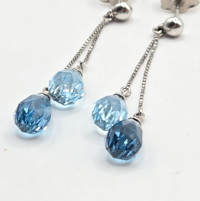Vintage: 9ct White Gold Blue Topaz Bead & Briolette Drop Stud Earrings