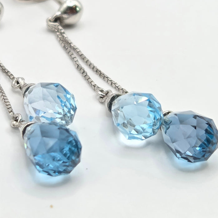 Vintage: 9ct White Gold Blue Topaz Bead & Briolette Drop Stud Earrings