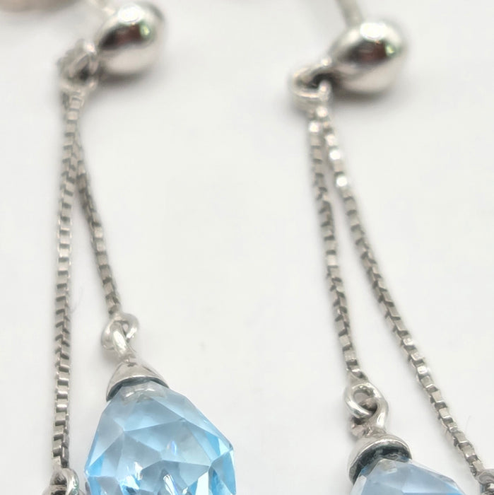Vintage: 9ct White Gold Blue Topaz Bead & Briolette Drop Stud Earrings