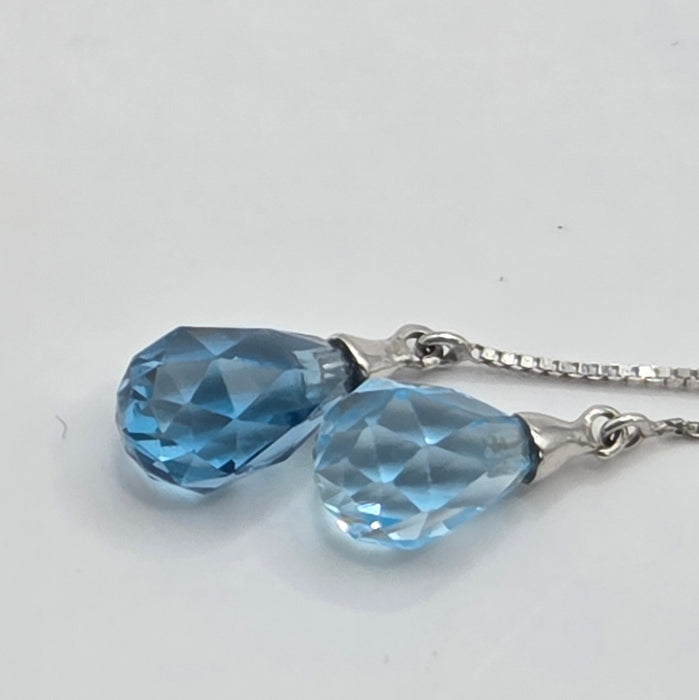 Vintage: 9ct White Gold Blue Topaz Bead & Briolette Drop Stud Earrings