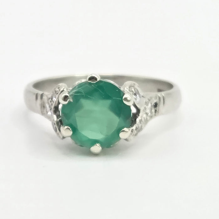 Vintage: Platinum Green Agate & White Topaz Solitaire Dress Ring
