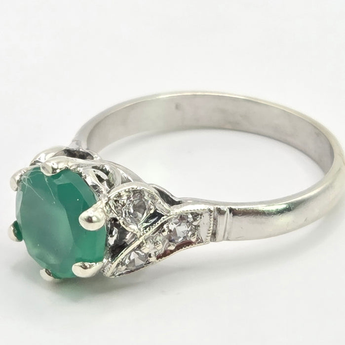 Vintage: Platinum Green Agate & White Topaz Solitaire Dress Ring