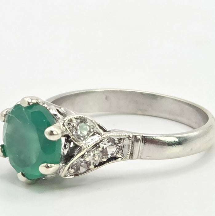 Vintage: Platinum Green Agate & White Topaz Solitaire Dress Ring