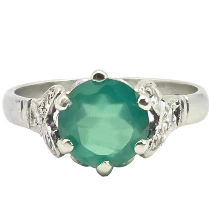 Vintage: Platinum Green Agate & White Topaz Solitaire Dress Ring