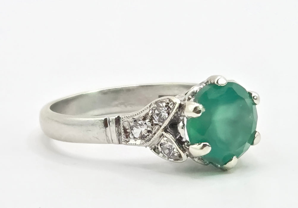 Vintage: Platinum Green Agate & White Topaz Solitaire Dress Ring