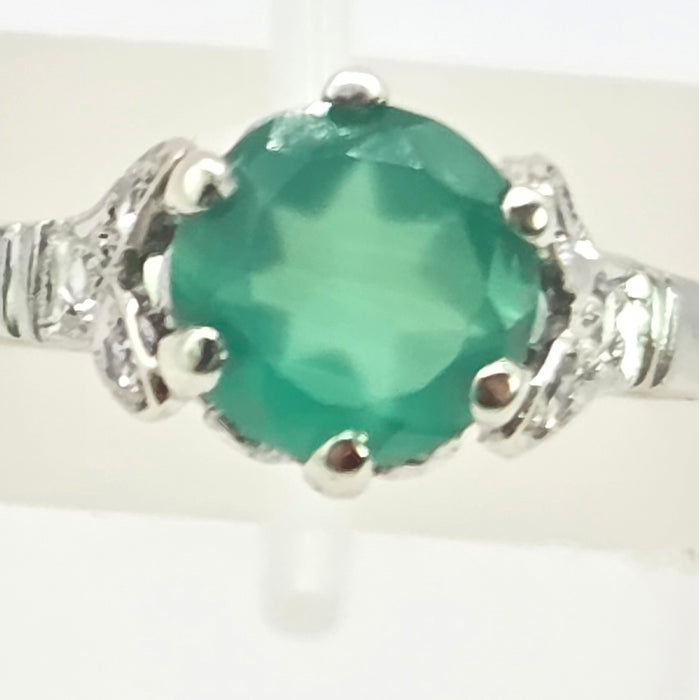 Vintage: Platinum Green Agate & White Topaz Solitaire Dress Ring