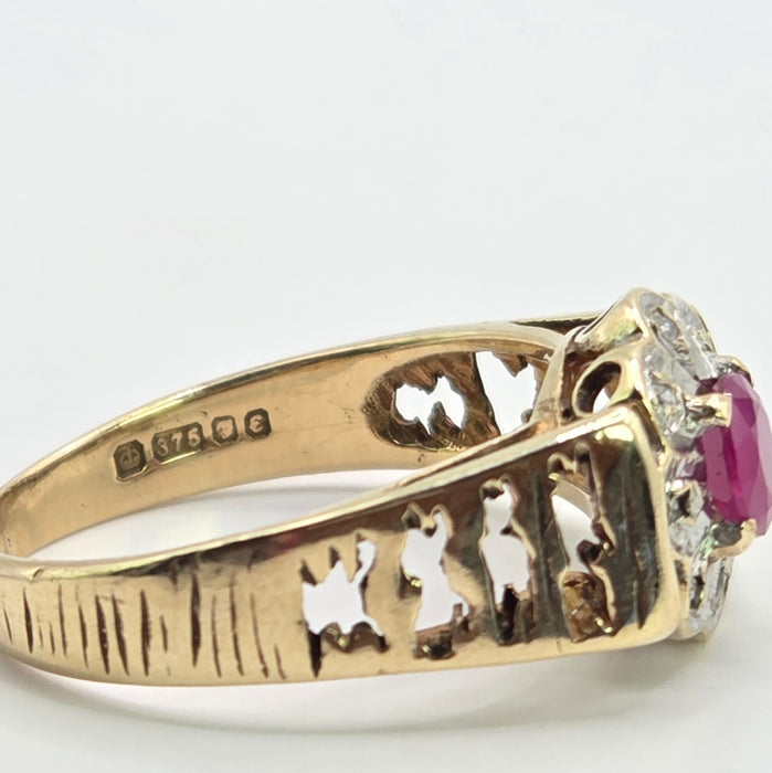 Vintage: 9ct Yellow Gold Ruby & Diamond Art Deco Target-Style Cluster Ring — From 1979