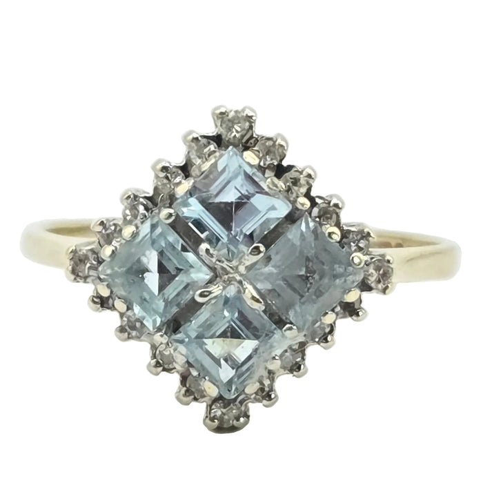 Vintage: 9ct Yellow Gold Blue Topaz & Diamond Cluster Ring — From 1975