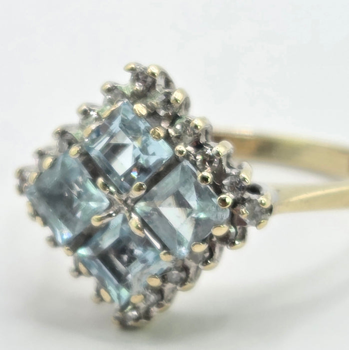 Vintage: 9ct Yellow Gold Blue Topaz & Diamond Cluster Ring — From 1975