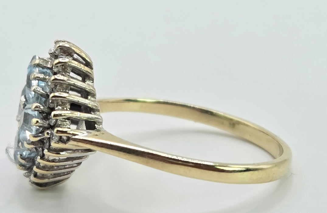Vintage: 9ct Yellow Gold Blue Topaz & Diamond Cluster Ring — From 1975