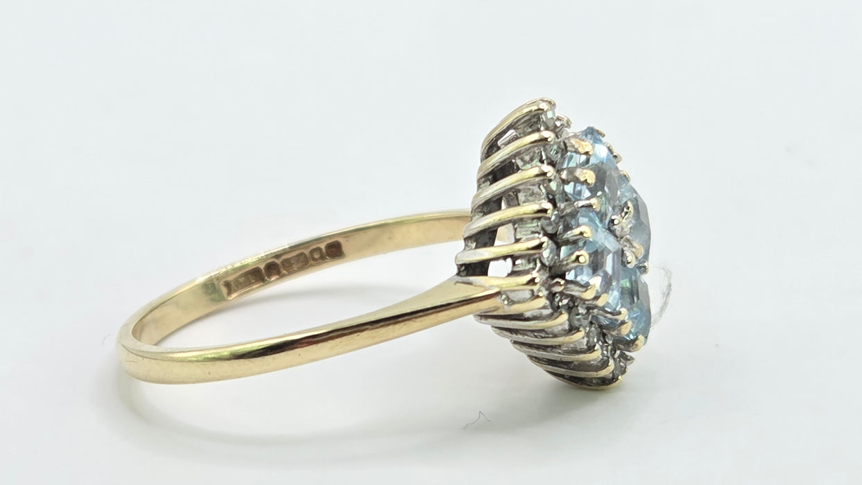 Vintage: 9ct Yellow Gold Blue Topaz & Diamond Cluster Ring — From 1975