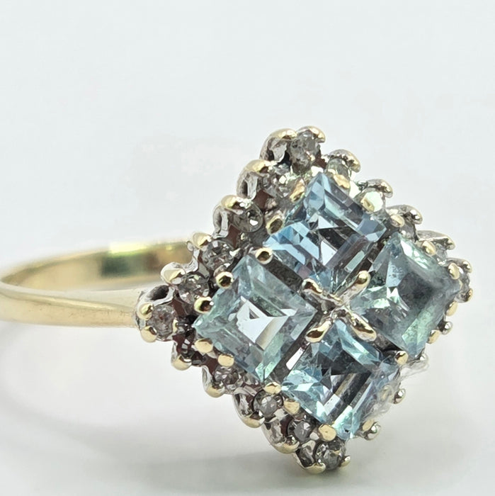 Vintage: 9ct Yellow Gold Blue Topaz & Diamond Cluster Ring — From 1975