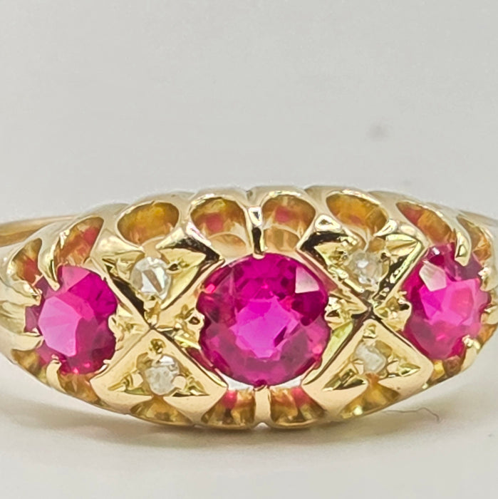 Antique: 18ct Yellow Gold Ruby & Diamond Boat-Head Ring — From 1912