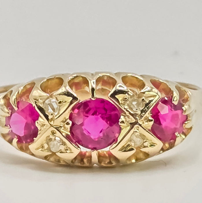 Antique: 18ct Yellow Gold Ruby & Diamond Boat-Head Ring — From 1912